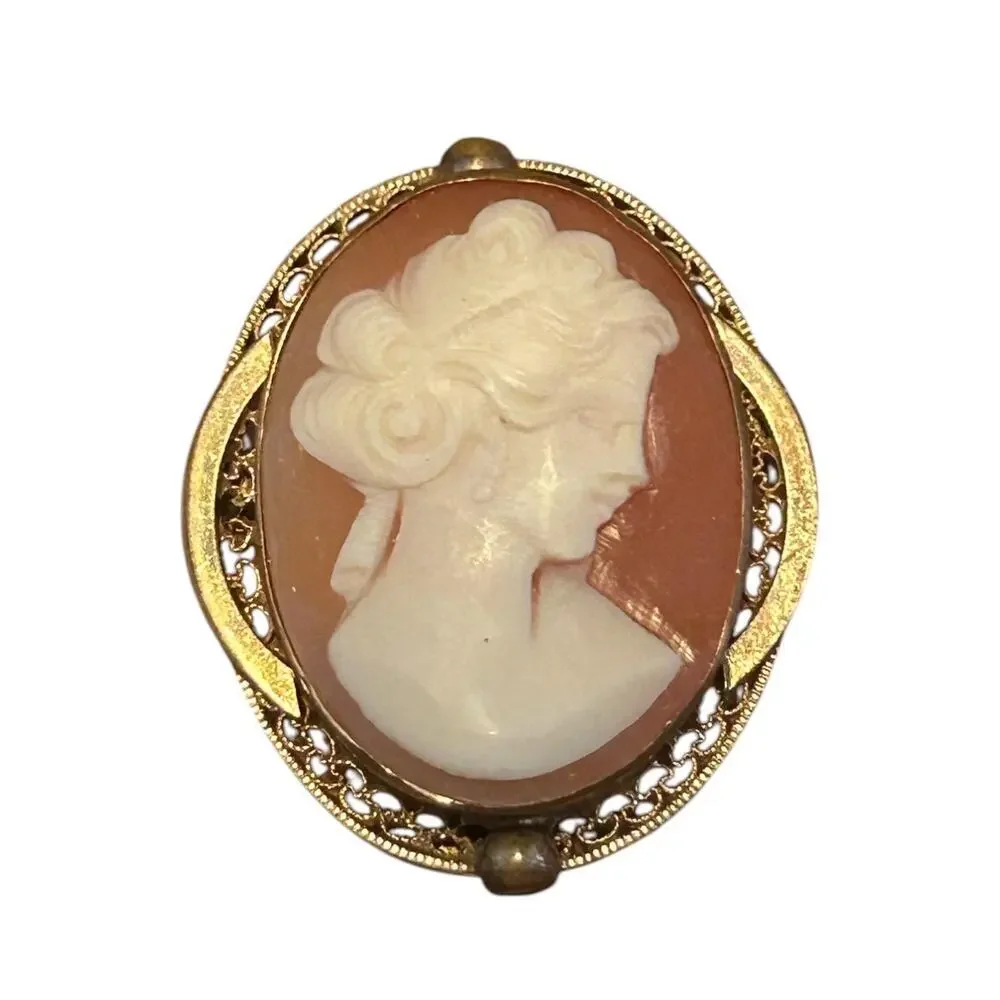 Vintage D’Abros Shell Cameo Brooch Pendant 12K Gold Filled Filigree Frame
